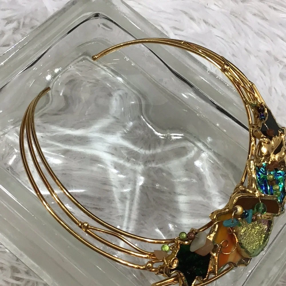 Vintage gold choker bib iridescent necklace